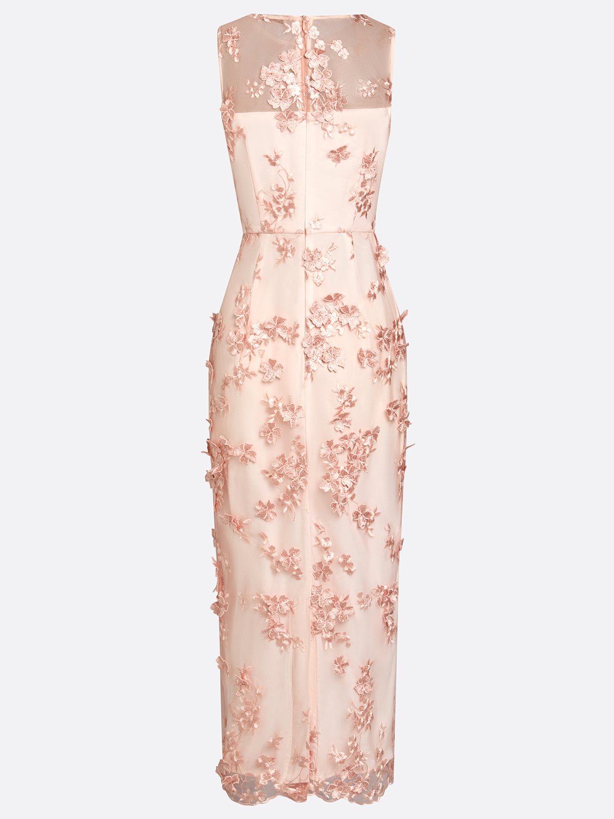 Pink Lace Embroidery Applique Crew Neck Sleeveless Sheath Maxi Dress
