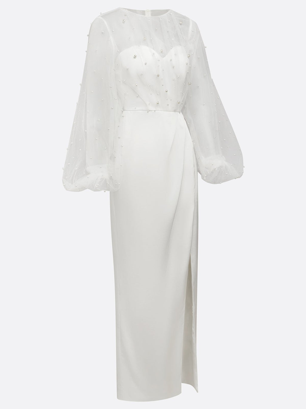 White Faux Pearl Side-Slit Classic Crew Neck Long Sleeve Puff Sleeve Sheath Bridal Gown Dress