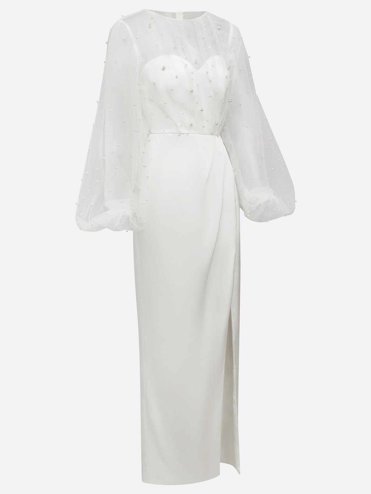 White Faux Pearl Side-Slit Classic Crew Neck Long Sleeve Puff Sleeve Sheath Bridal Gown Dress