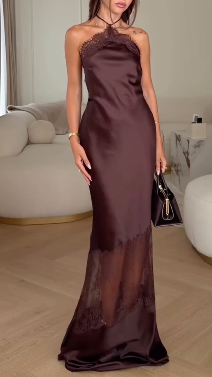 Dark Brown Satin Lace Halter Maxi Dress
