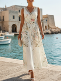 White Floral Classic V Neck Sleeveless A-Line Maxi Dress
