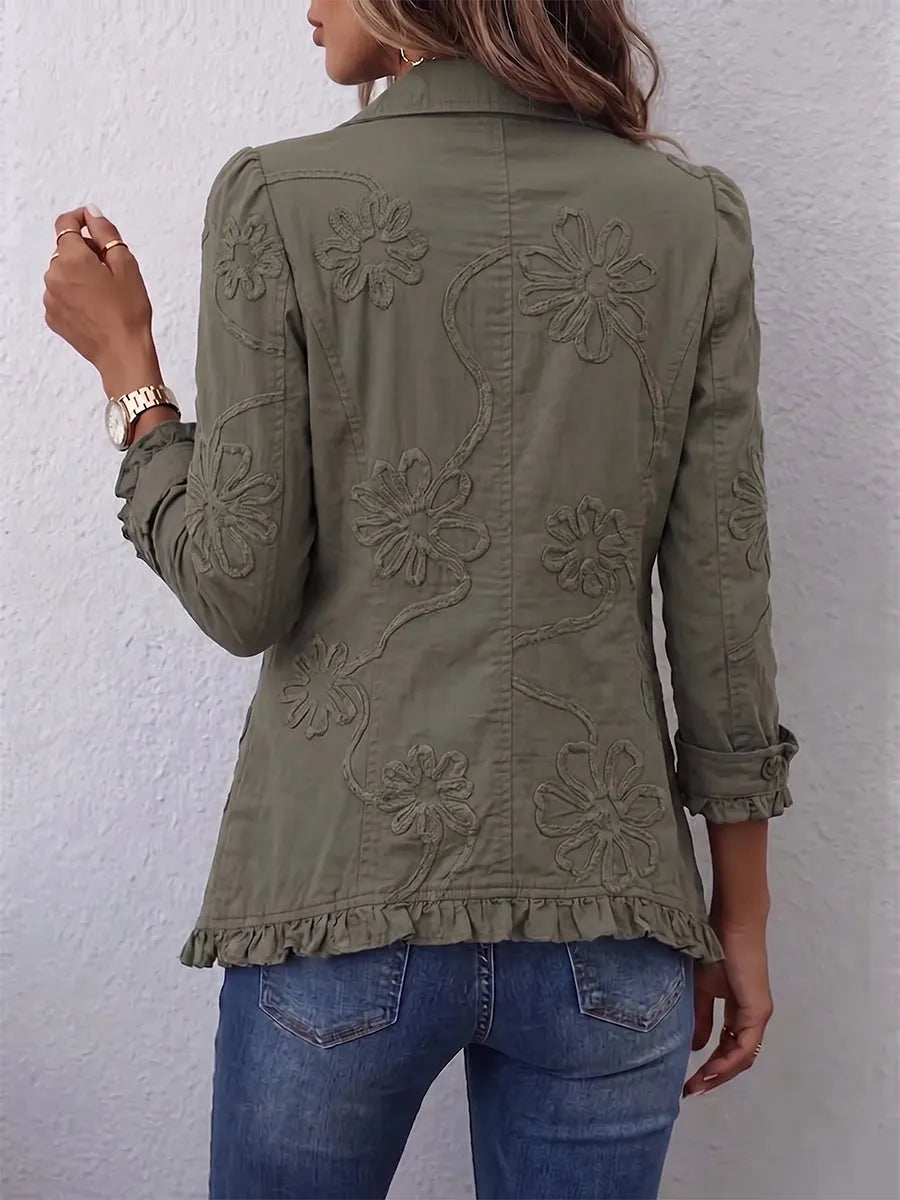 Boho-chic Floral Embroidered Utility Ruffled Trim Jacket