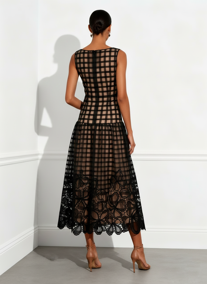 Black Floral Plaid Classic Boat Neck Sleeveless A-Line Midi Dress