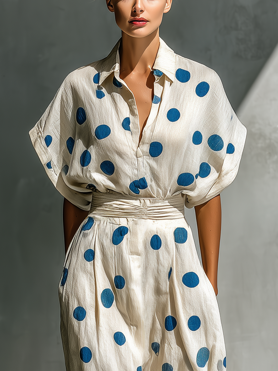 Women’s Off-White Linen-Blend Polka Dot Shirt Dress With Waist Cincher & Pockets MDZ2481D3T