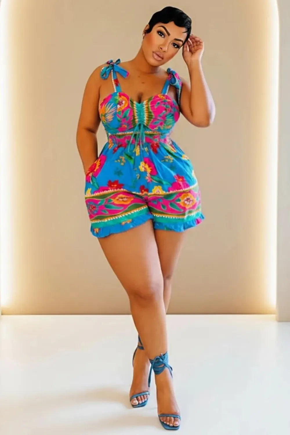 Cami Neck Floral Print Cinch Waist Vacation Romper Playsuit-Blue