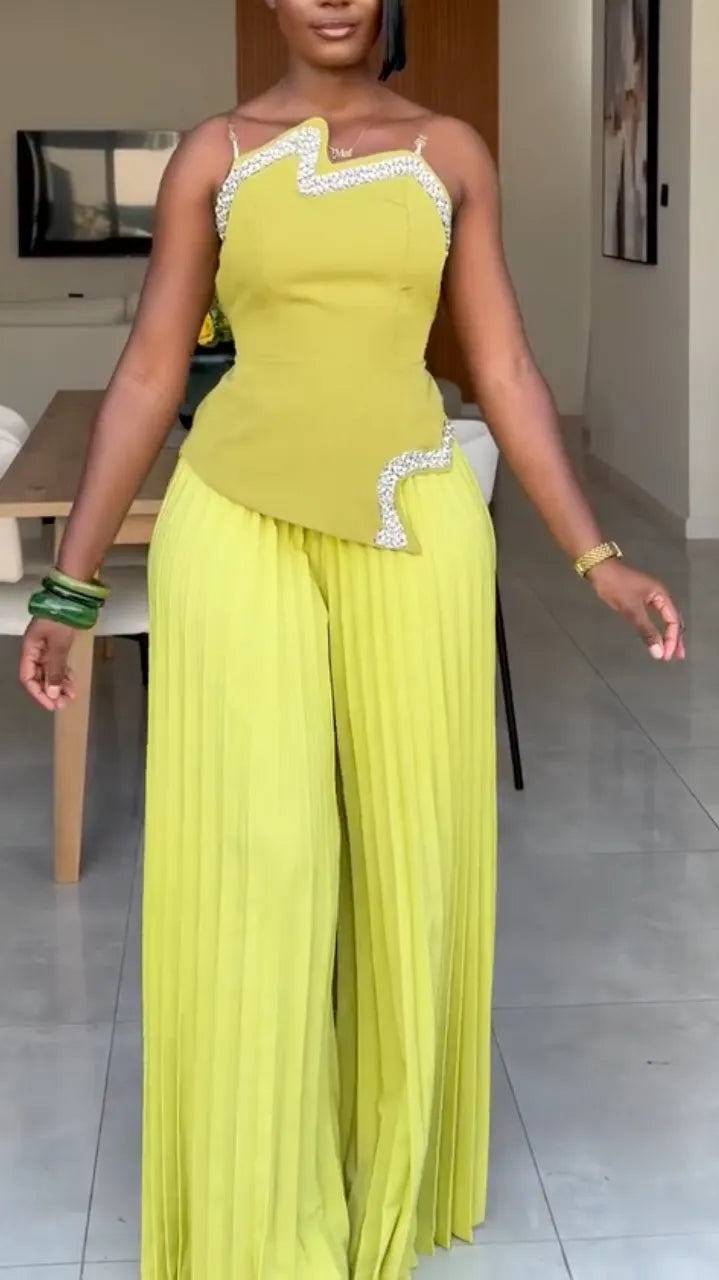 Rhinestone Trim Pleated Pant Set