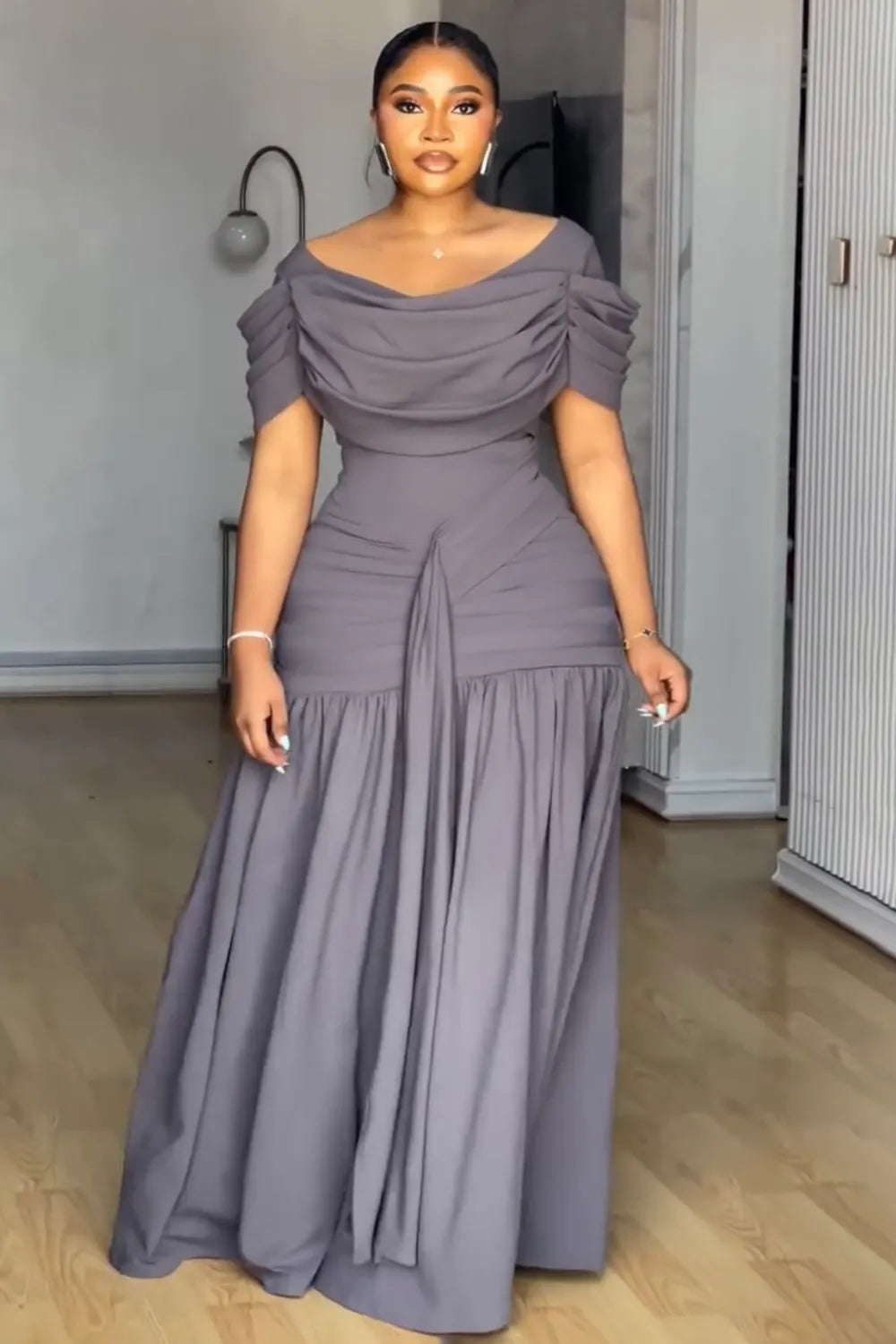 Off Shoulder Short Sleeve Cinch Waist Ruched Maxi Dresses-Purple