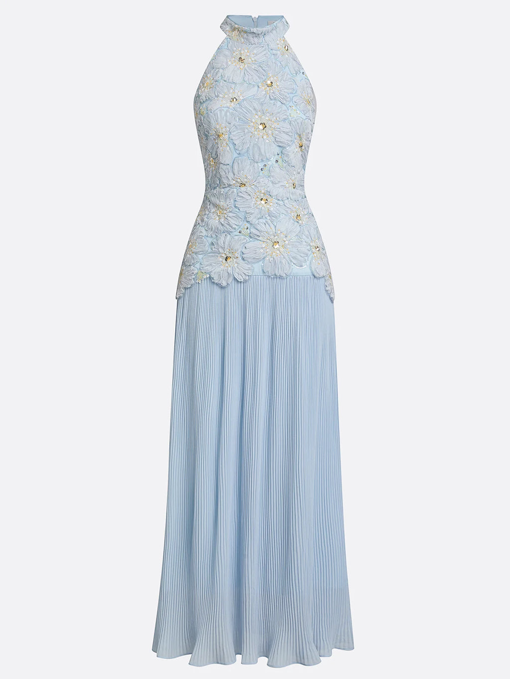 Light Blue Jacquard Chiffon Halter Neck Sleeveless A-Line Floor-length Gown Dress