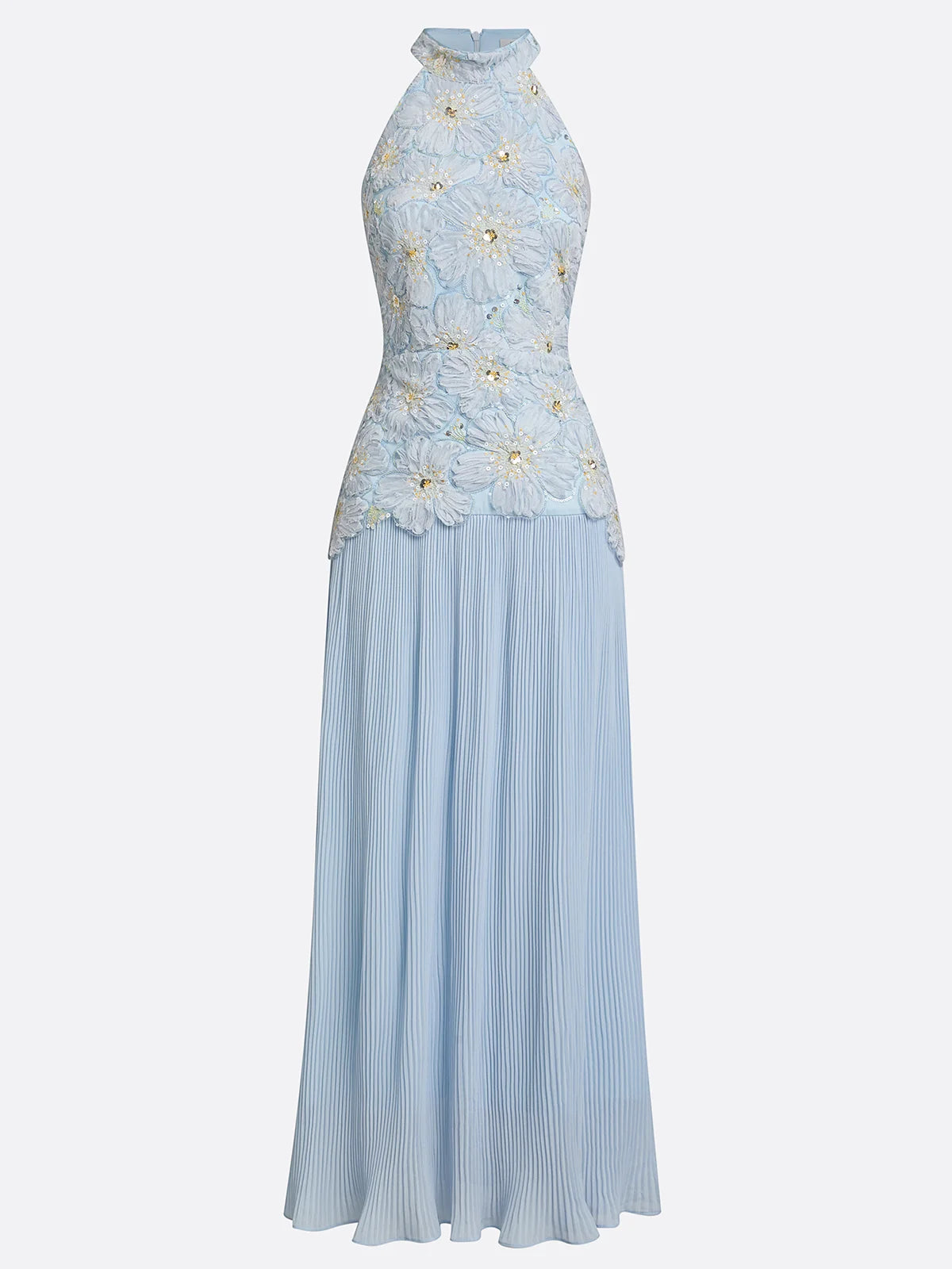 Light Blue Jacquard Chiffon Halter Neck Sleeveless A-Line Floor-length Gown Dress
