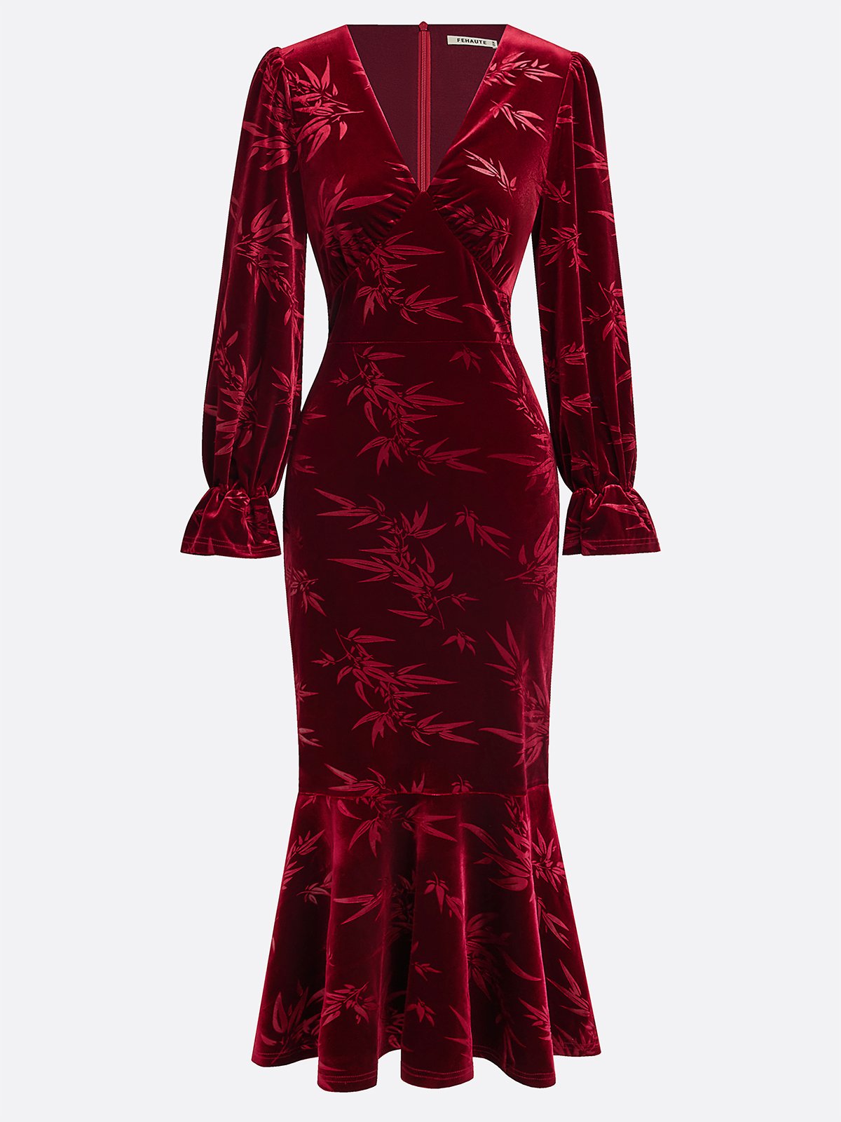 Wine Red Embossed Jacquard Velvet V Neck Long Sleeve Bell Sleeve Mermaid Maxi Dress