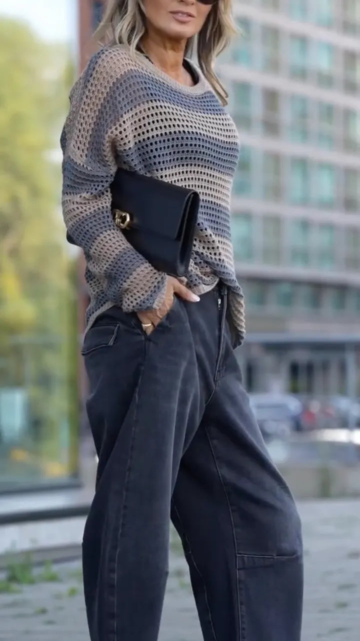 Striped Hollow Knit Sweater & Black Denim Pants