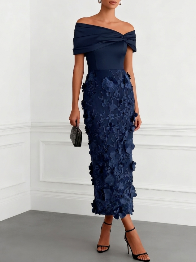 Navy Blue 3D Floral Applique Classic Off The Shoulder Short Sleeve Sheath Midi Dress