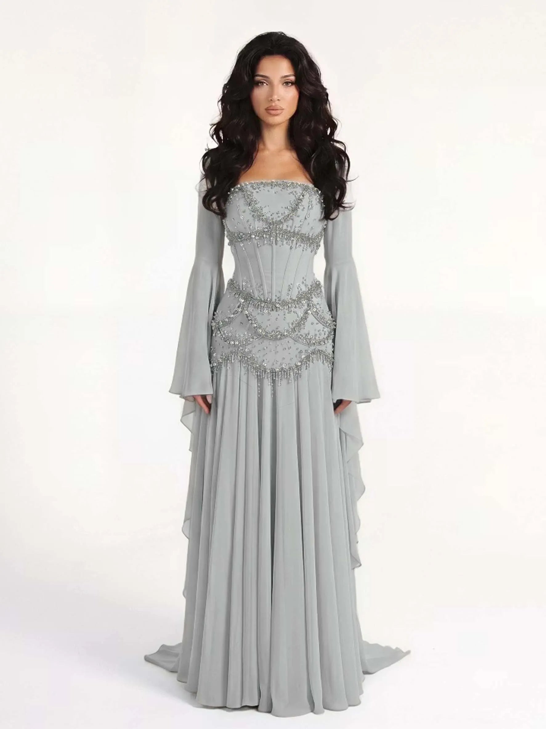 Cocoslly Strapless Sleeveless High Waist Long Prom Dress With Rhinstone | Dusty Sage Chiffon LX0090