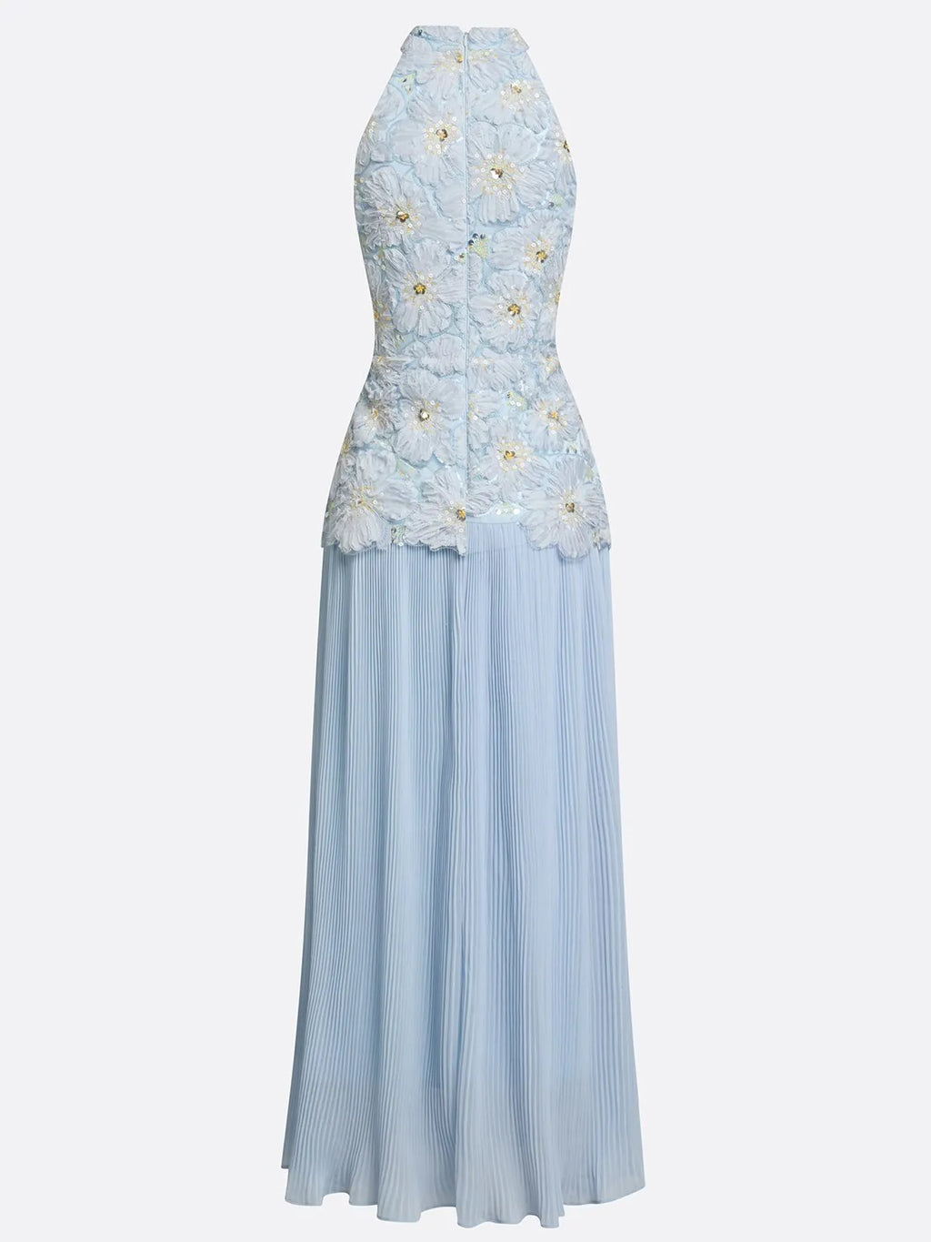Light Blue Jacquard Chiffon Halter Neck Sleeveless A-Line Floor-length Gown Dress