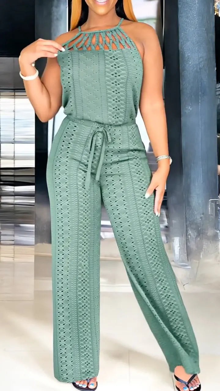 Women's Halter Neck Openwork Strap Casual Jumpsuit