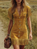 Western-style Vintage V-neck Fringed Faux Suede Mini Dress