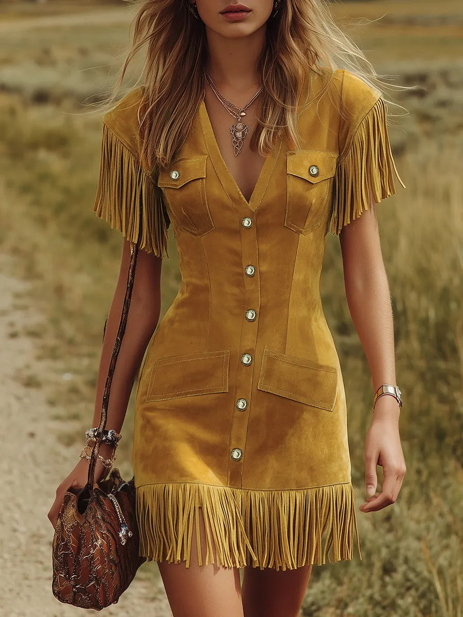Western-style Vintage V-neck Fringed Faux Suede Mini Dress