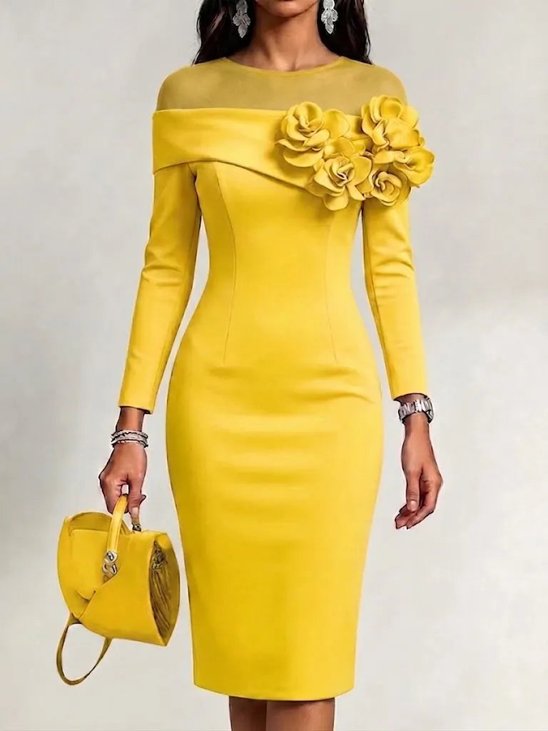 Dress With A Round Neck And 3d Floral Embellishment On The Side