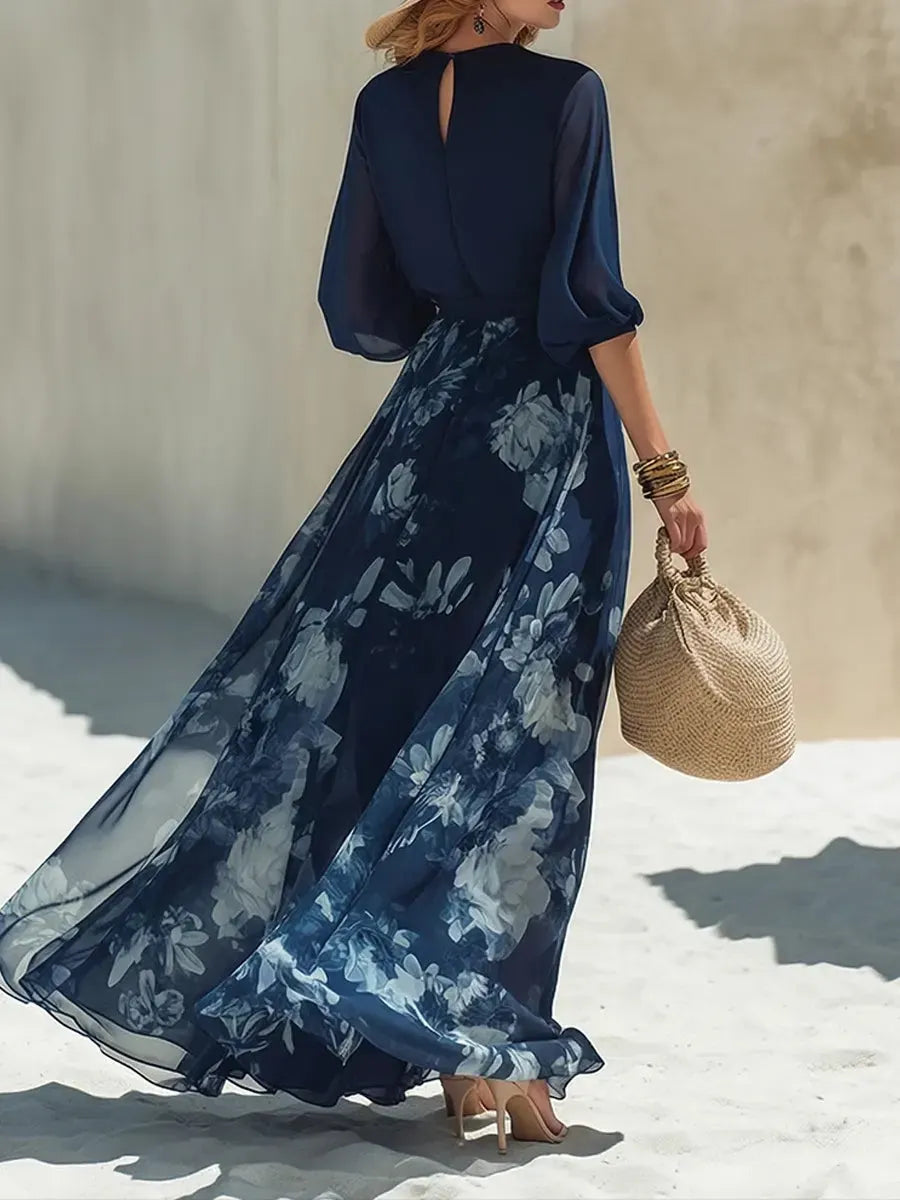 Women's Elegant Vacation Style V-neck Large Skirt Floral Print Dress