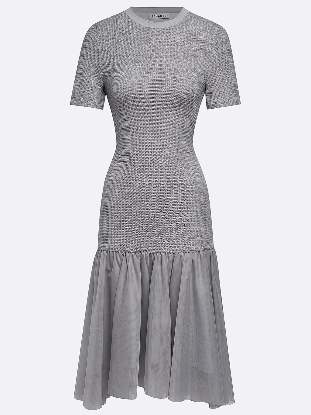 Gray Asymmetric Knit Cotton Crew Neck Half Sleeve Mermaid Midi Dress