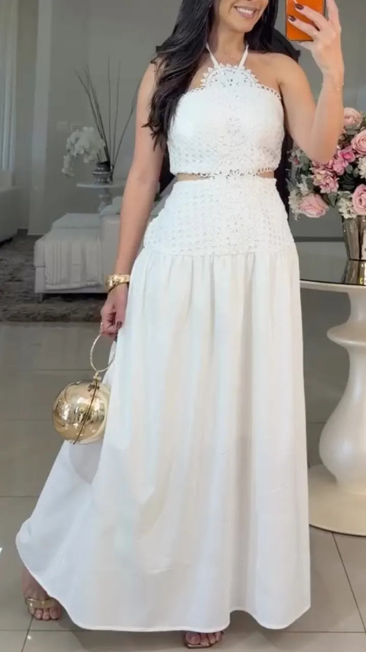 Halter Lace Two‑Piece Maxi Dress