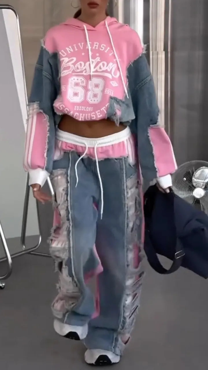 Denim Patchwork Hoodie & Wide Leg Jeans Two Piece Set