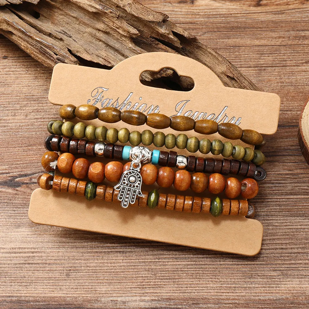 Unisex Vintage Hand Of Fatima Pendant Wooden Bead N