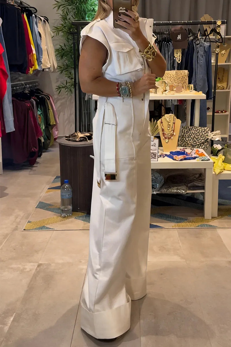 Women's Fashion Flap Pocket Wide Shoulder Wide Leg Jumpsuit with Belt