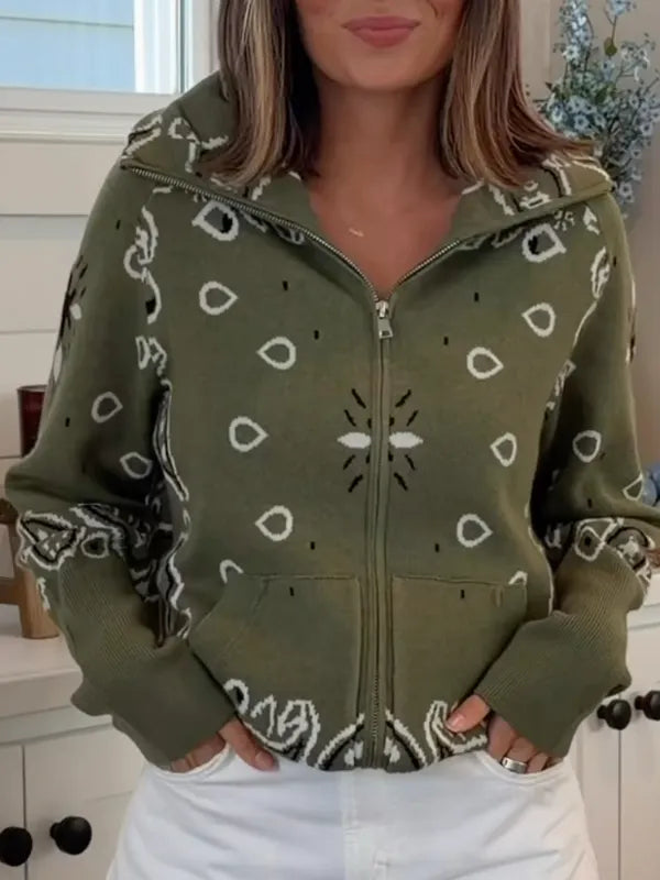 Olive Bandana Print Zip‑Up Knit Hoodie