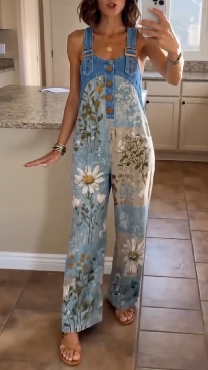 Women's Floral Print Denim Overalls