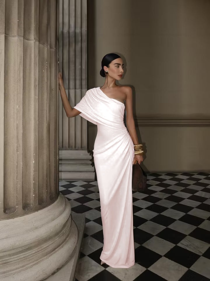 Cocoslly One Shoulder Sleeveless High Waist Long Mermaid Prom Dress With Pleated | White Satin YK1192