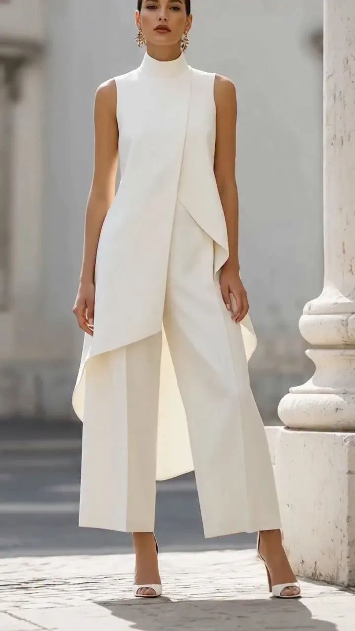 High Neck Asymmetrical Layer Vest & Wide Leg Pant Two Piece Formal Set