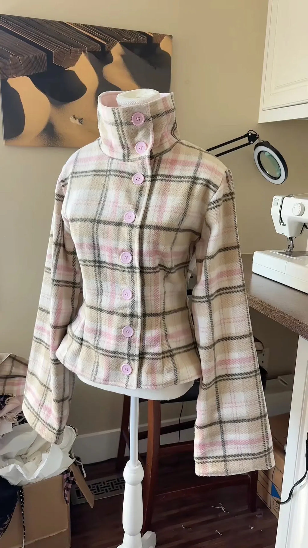 Soft Plaid High-Neck Jacket