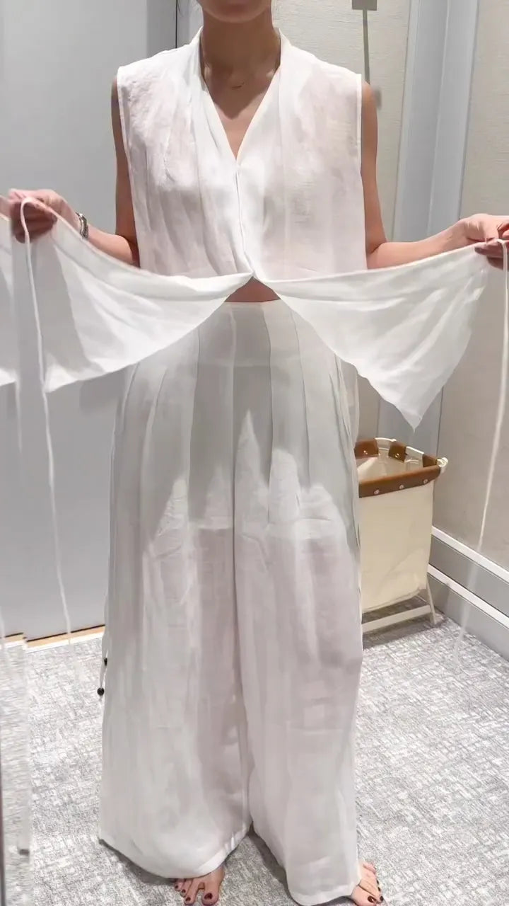 White Wrap Tie Sleeveless Linen Two‑Piece Set