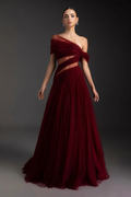 Cocoslly Off-The-Shoulder Long A-Line Prom Dress With Pleated | Burgundy Tulle ZA0173