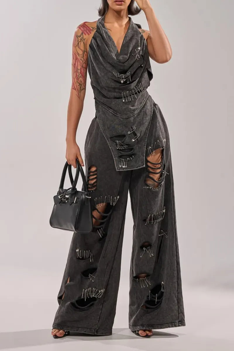 Hot Selling Women's Casual Denim Hanging Neck Denim And Denim Straight Leg Pants