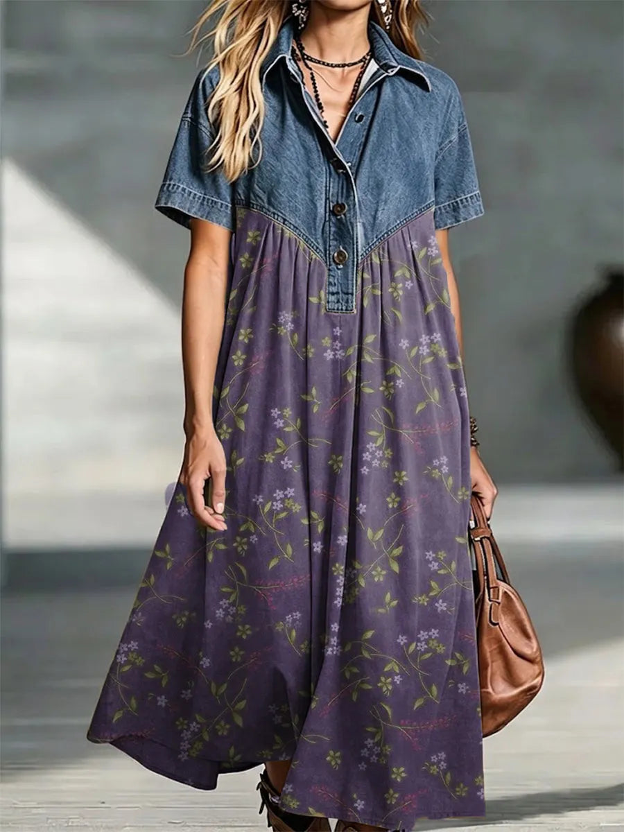 Casual Patchwork Floral Print Cotton-denim Dress