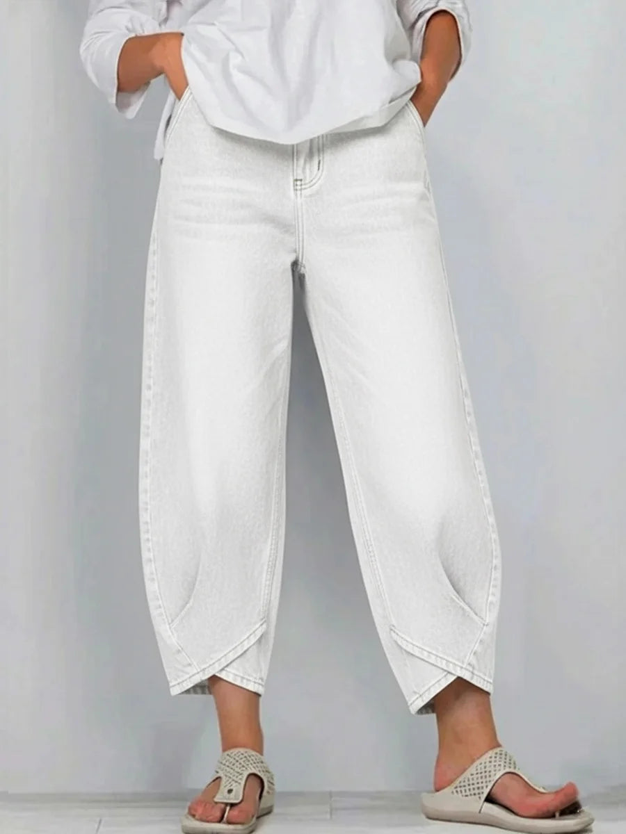 Women's Washed High-Waisted Cropped Lantern Jeans