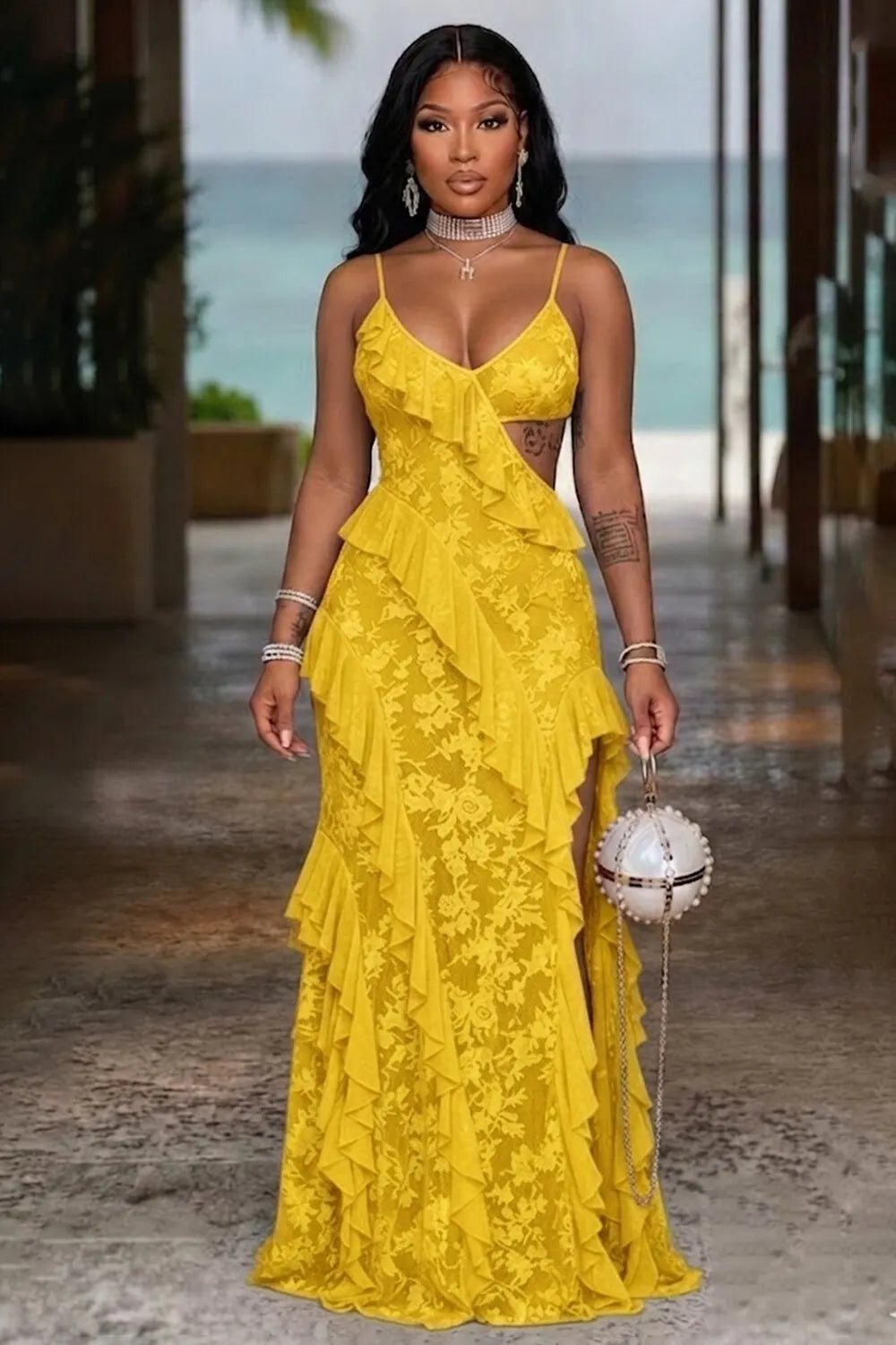 Cami Neck Waist Cut Out Irregular Ruffle Slit Maxi Dresses-Yellow [Pre Order]