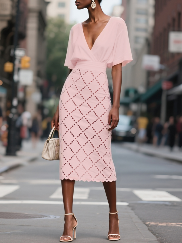 Pink Rayon Hollow Out Classic V Neck Short Sleeve Sheath Midi Dress