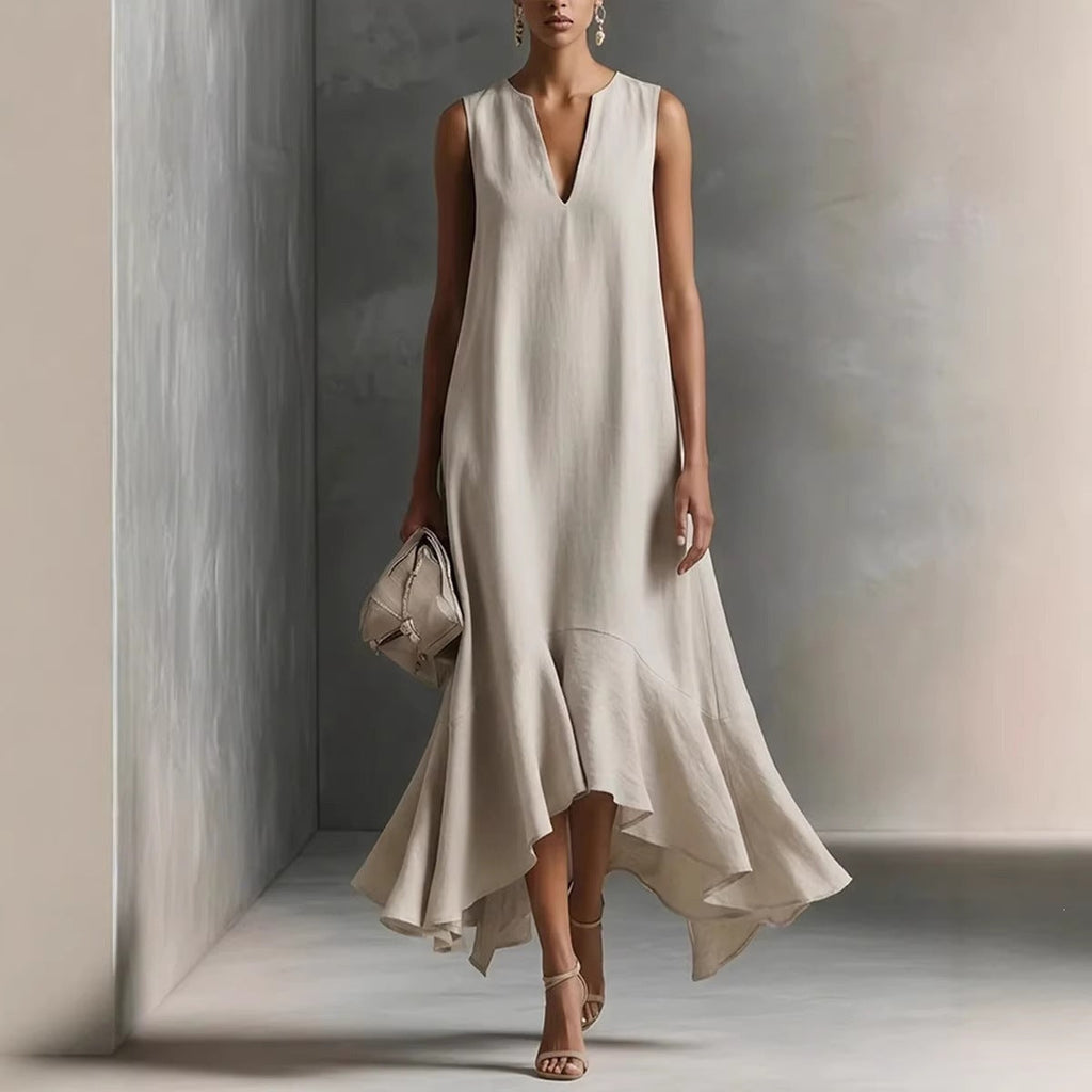 Sleeveless V-Neck Linen Midi Dress with Ruffled Hem