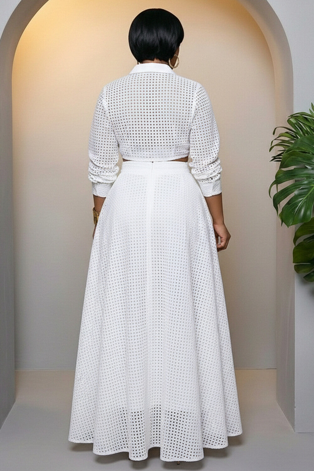 Long Sleeve Crop Top High Waist Maxi Skirt Casual 2pcs Set-White