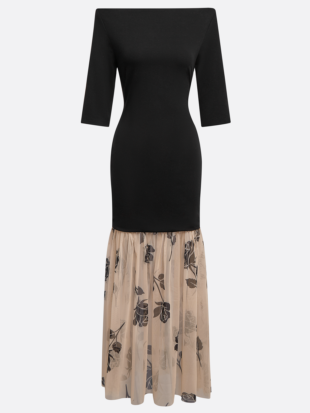 Black Floral Rose Knit Off The Shoulder Half Sleeve Mermaid Maxi Dress