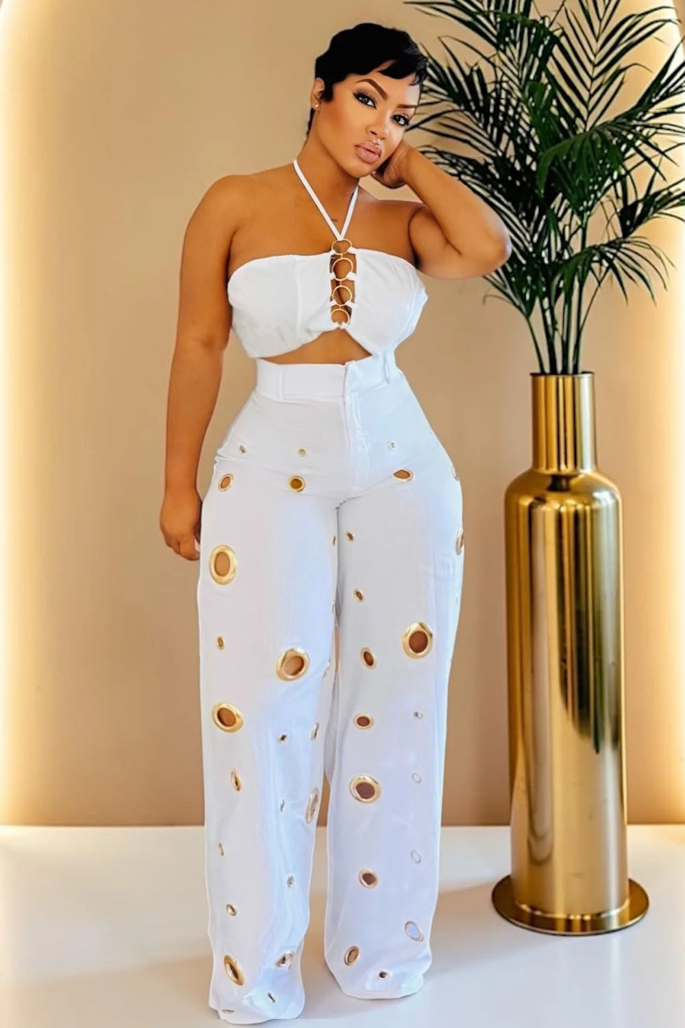 Halter Crop Top High Waist Hollow Pants Casual 2pcs Set-Yellow