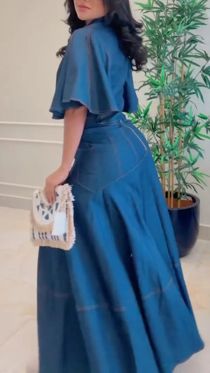 Dark Denim Flare‑Sleeve Top & Maxi Skirt Two‑Piece