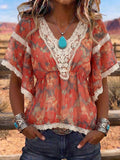 Vintage Art Patchwork Lace Comfortable Summer Fabrics Casual Shirt