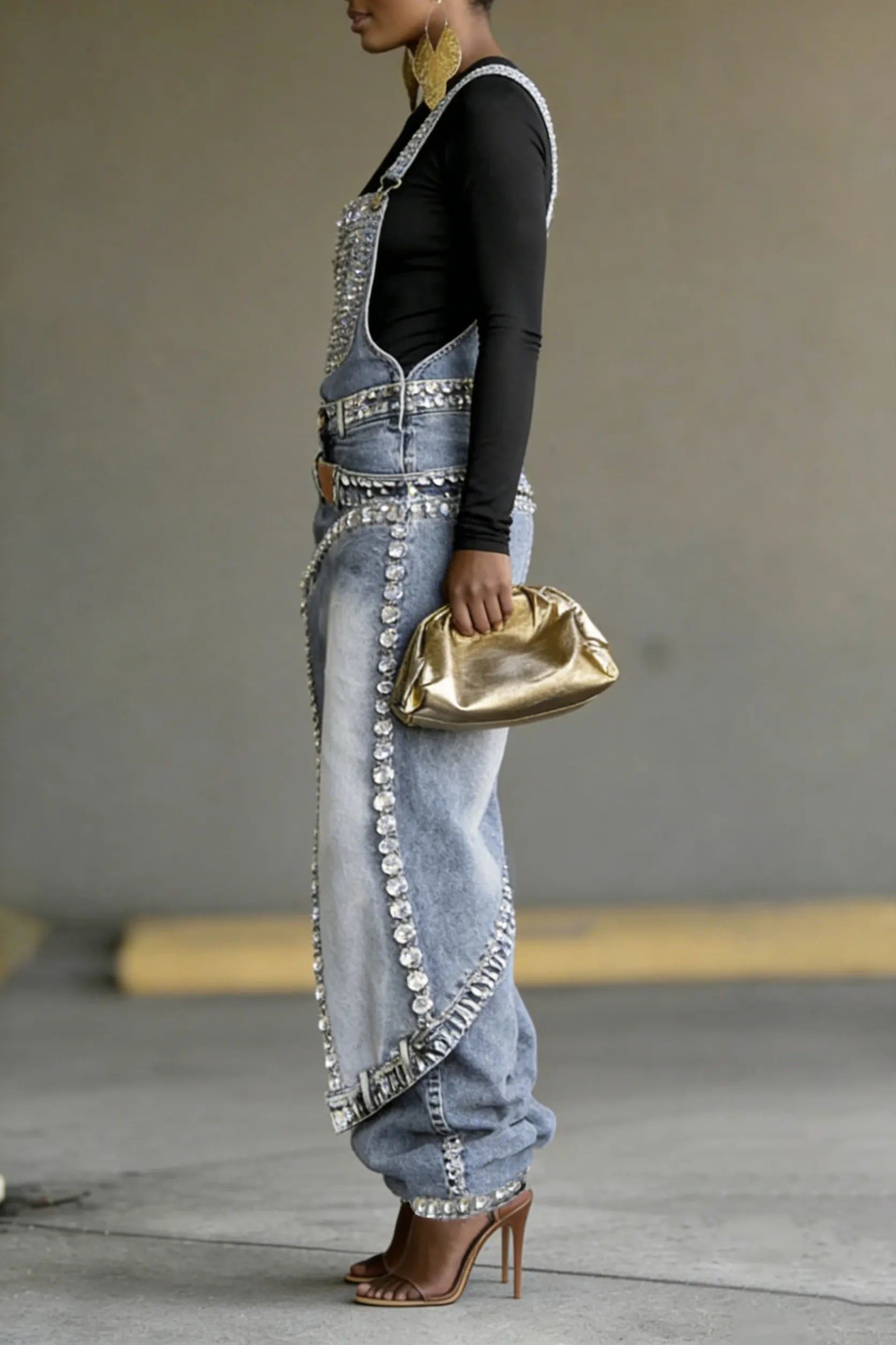 Women's Popular Rhinestone Faux Two-Piece Denim Jumpsuit