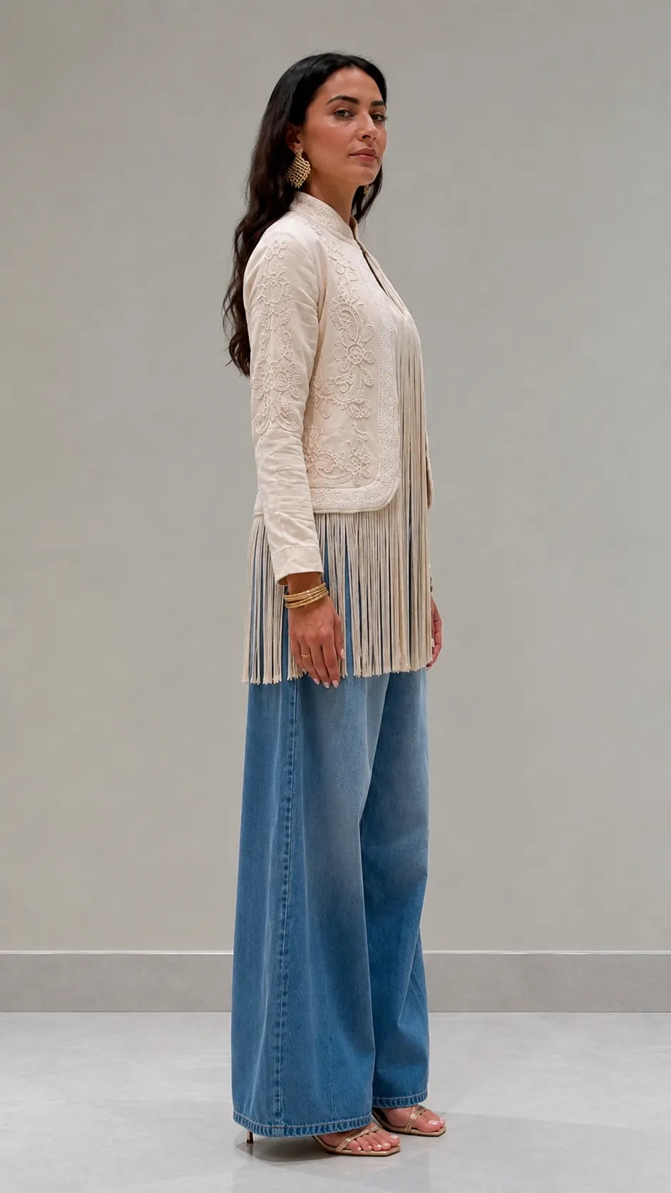 Cream Floral Embroidered Fringe Boho Jacket