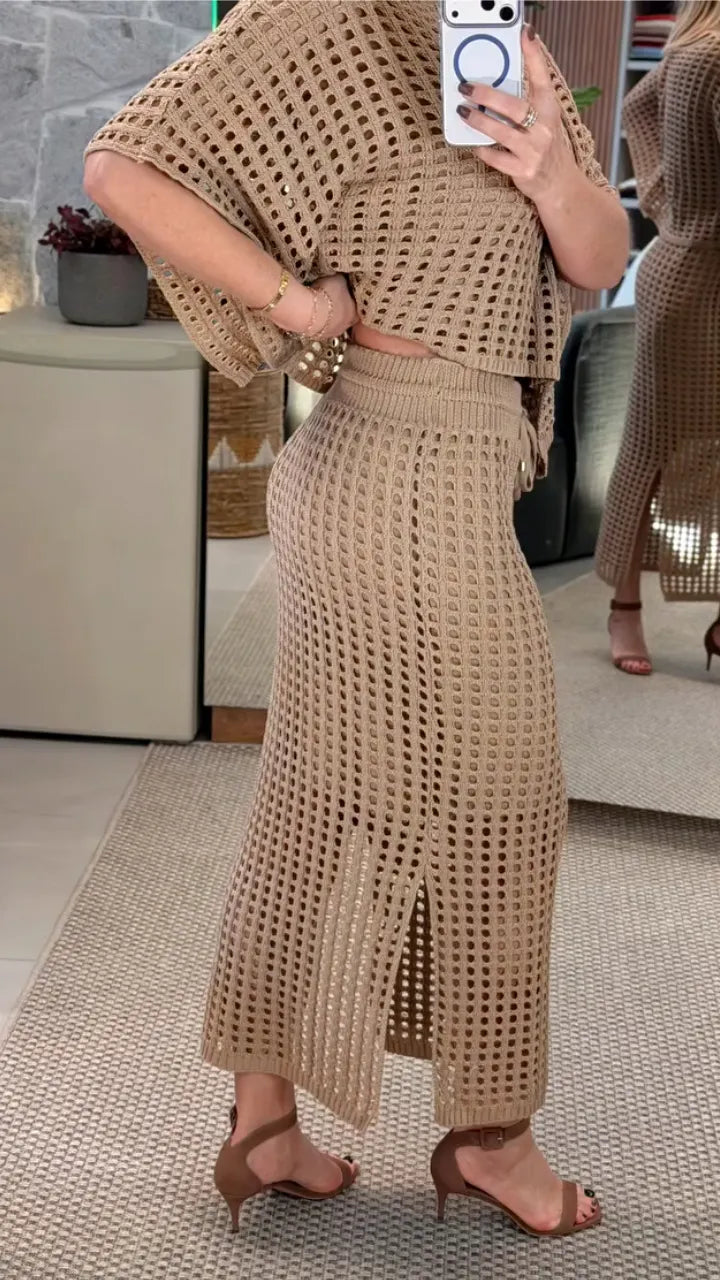 Crochet Knit Top And Midi Skirt Set