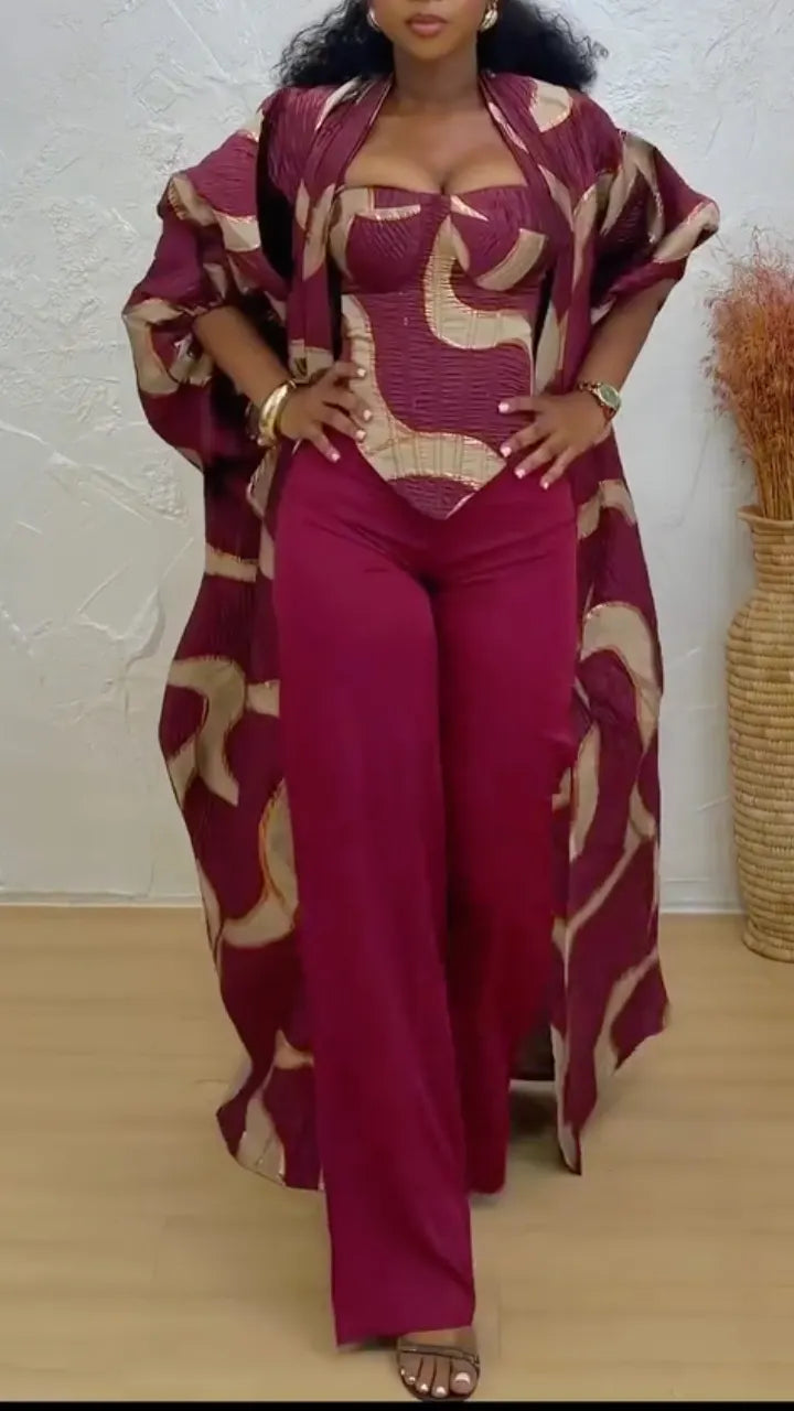 Printed Long Kimono Robe & Pant 3‑Piece Suit